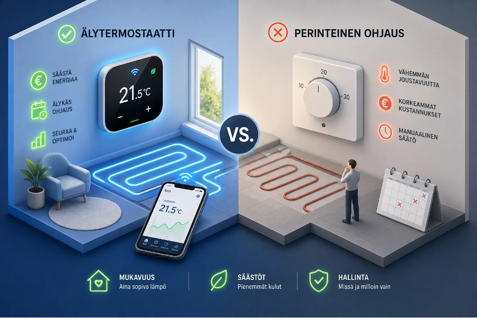 Älytermostaatti vs. perinteinen ohjaus – vertailu vesikiertoisessa lattialämmityksessä